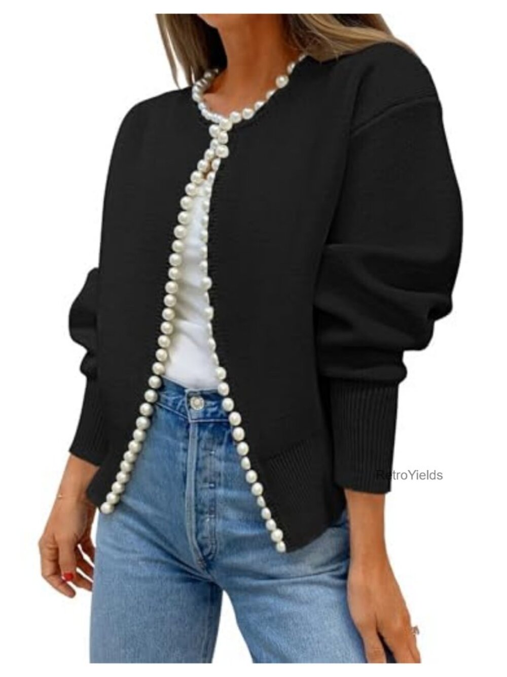 Kedera Pearl Beaded Open Front Cardigan Long Sleeve Oversized Knit Sweater